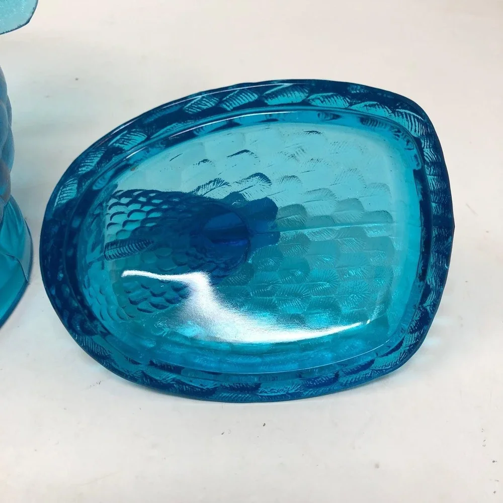 Vintage LE Smith Glass Turkey Covered Candy Dish‎ Blue Thanksgiving Decor